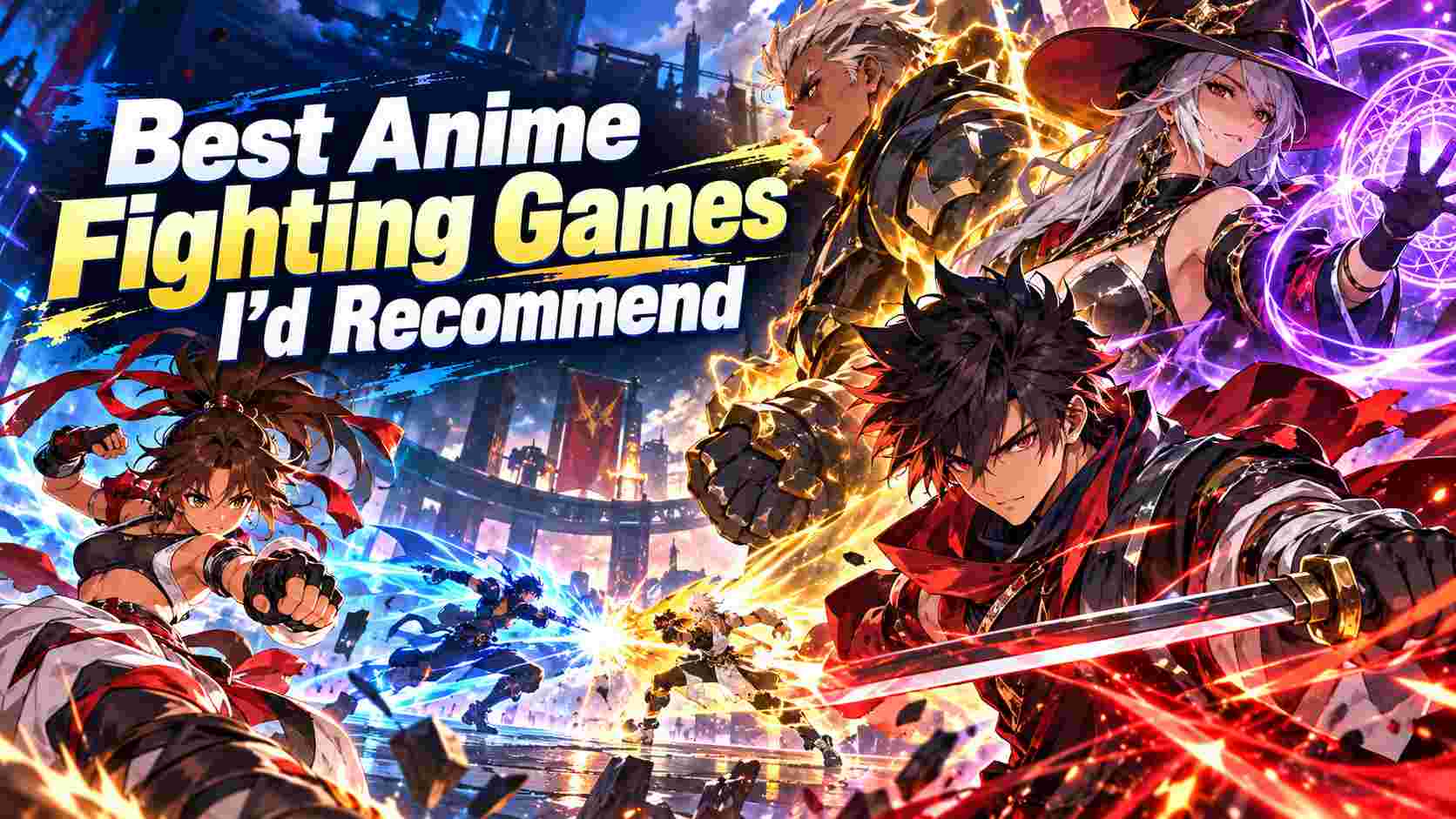 Anime fighters using swords, martial arts, and magic in a battle arena