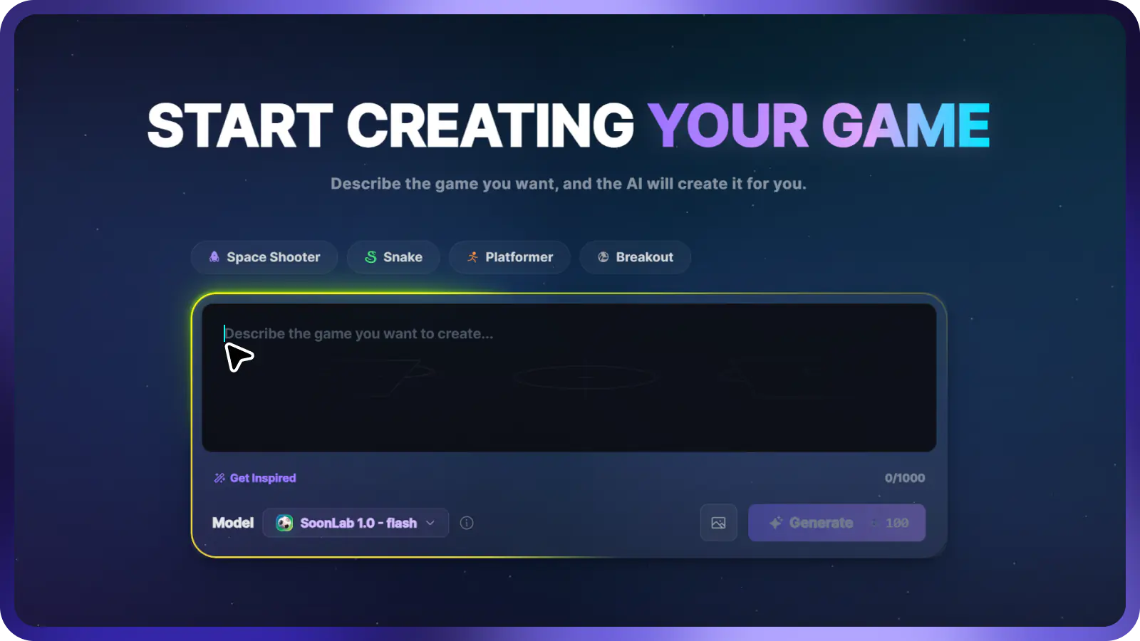 Conte ao SoonLab que tipo de jogo você quer criar, incluindo gênero, objetivo, controles, personagens e estilo.