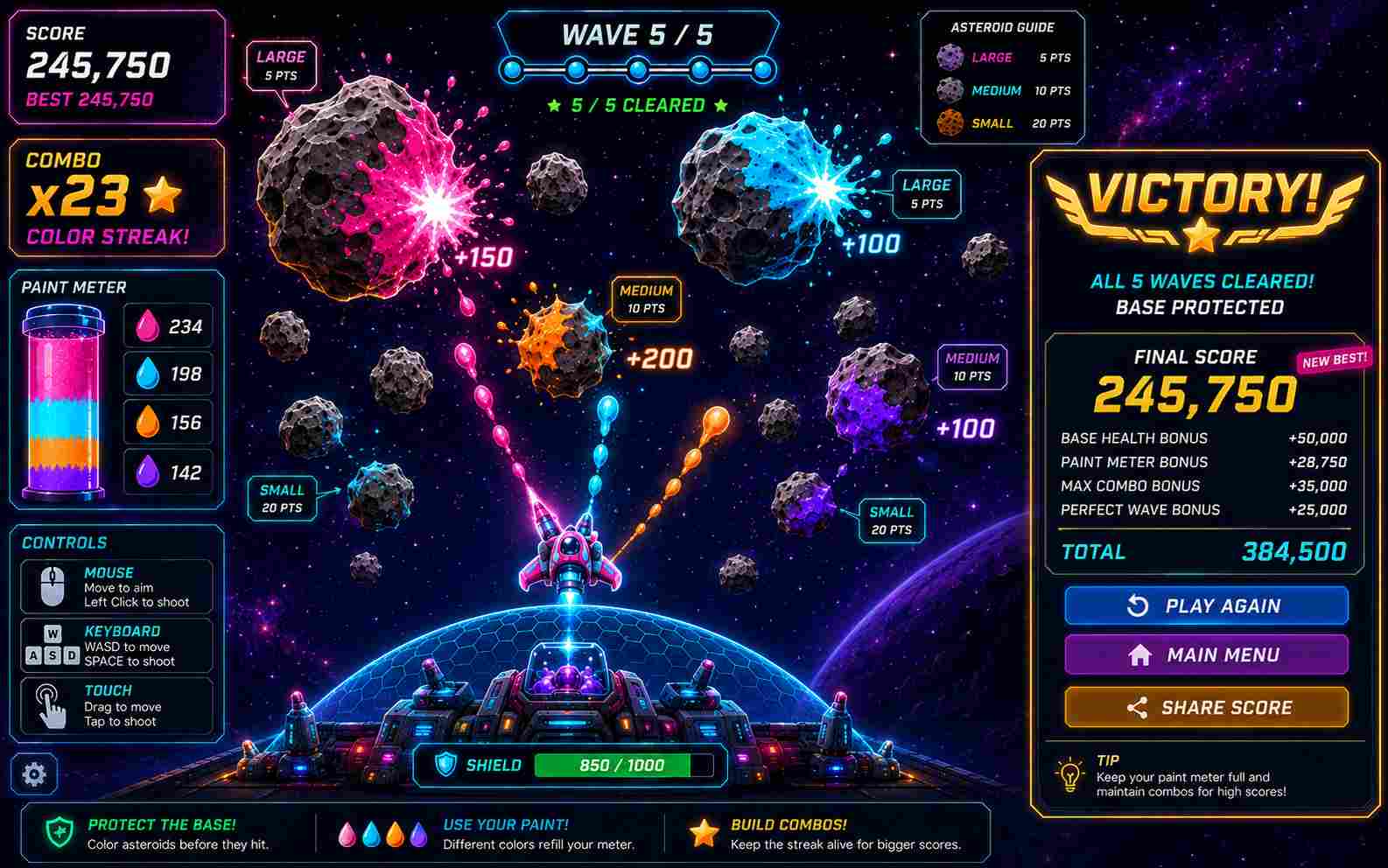 Asteroid Paint Defender arcade shooter prompt example