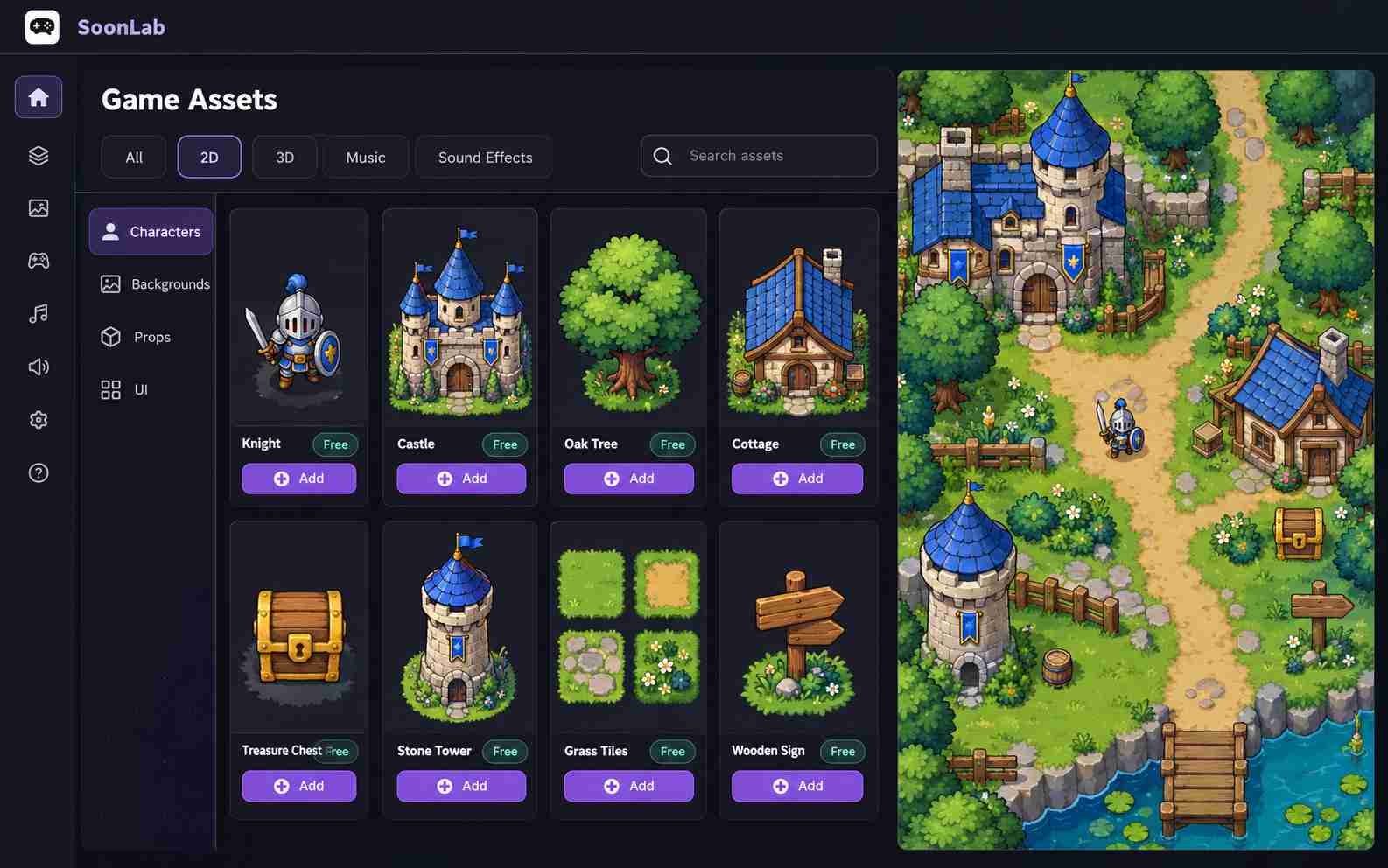 Escolha recursos gratuitos para um jogo 2D no SoonLab