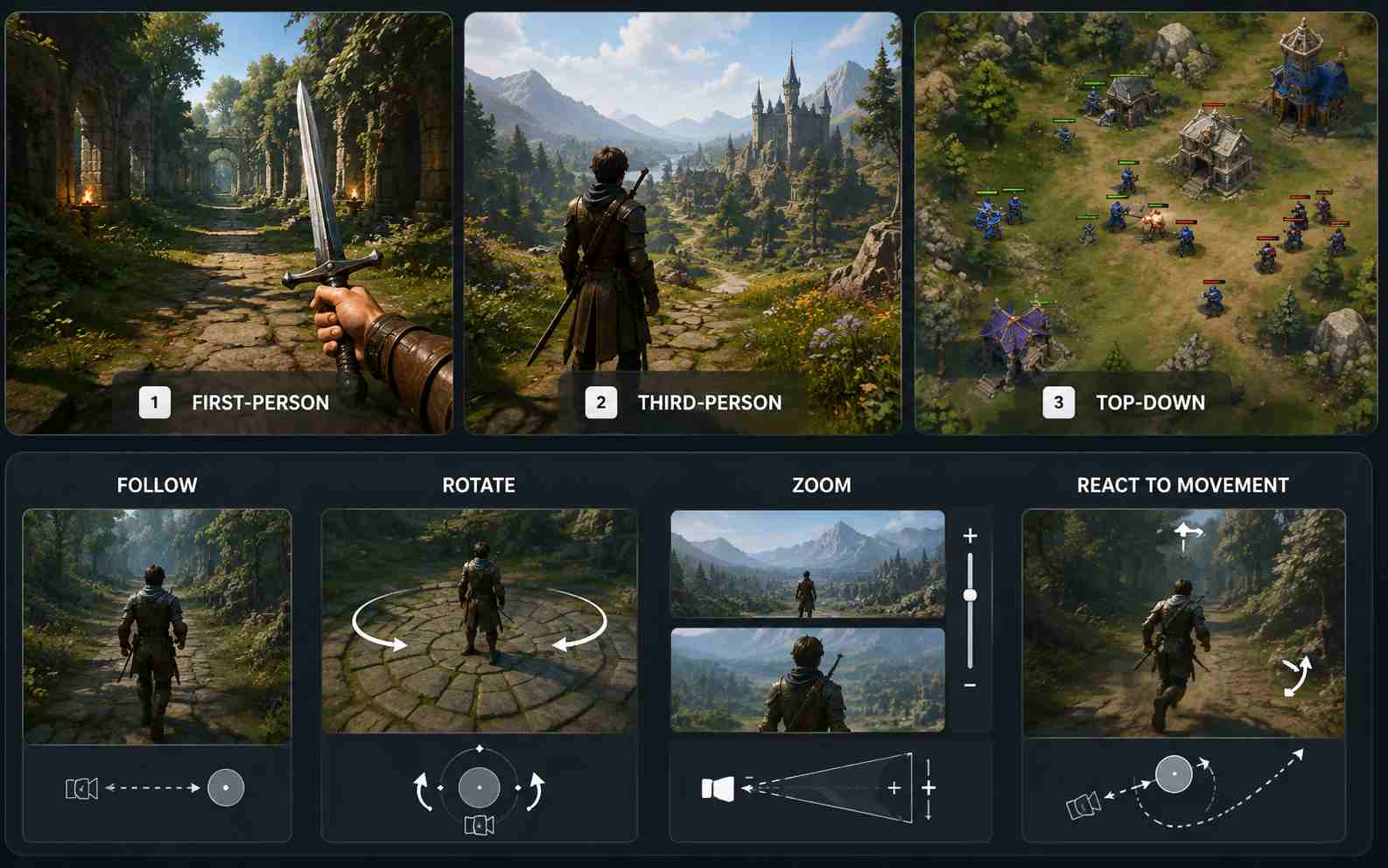 Choose first-person third-person or top-down 3D camera views