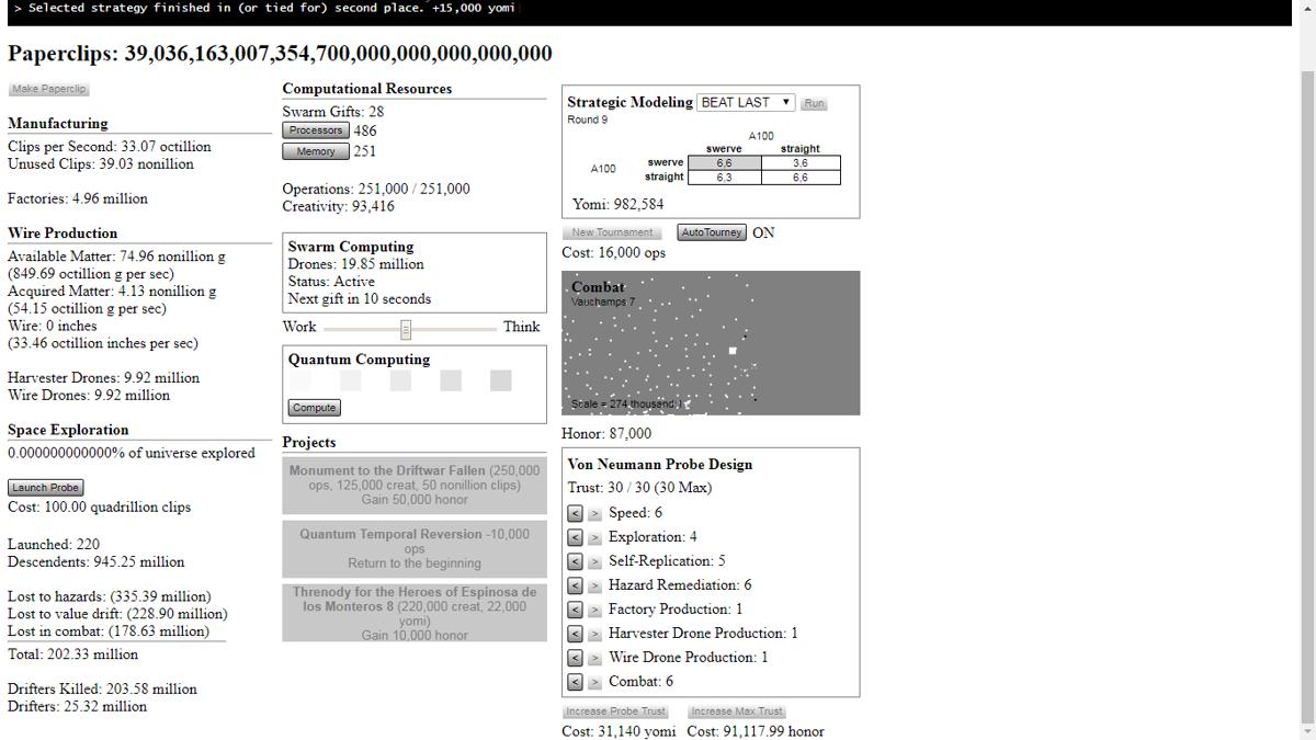Universal Paperclips minimalist AI production interface