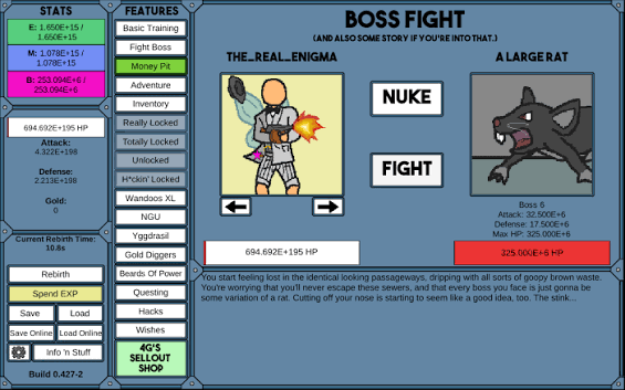 NGU Idle humorous incremental RPG upgrade screen