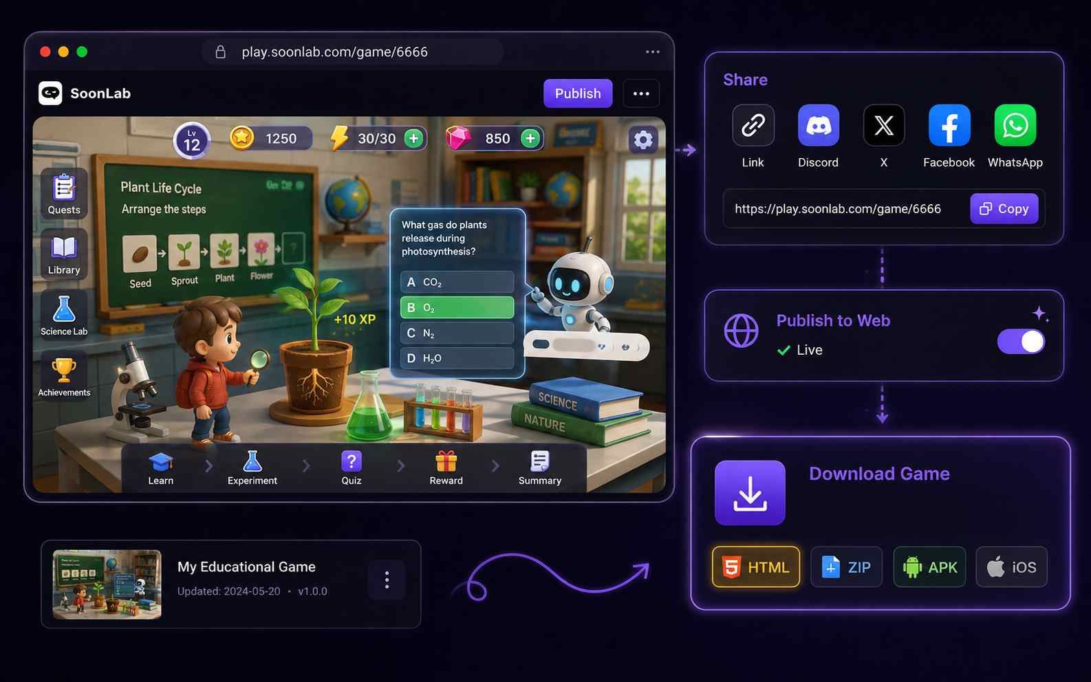 Test edit and share an AI-generated educational game