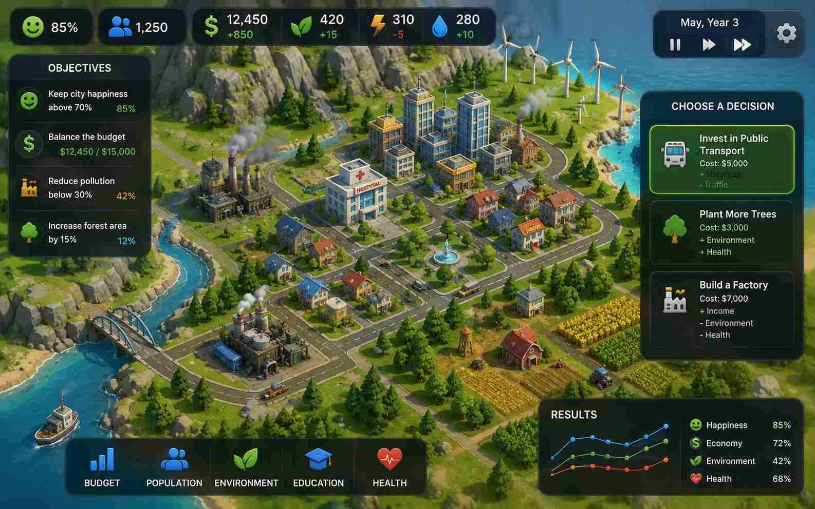 Create educational simulations and decision-making games