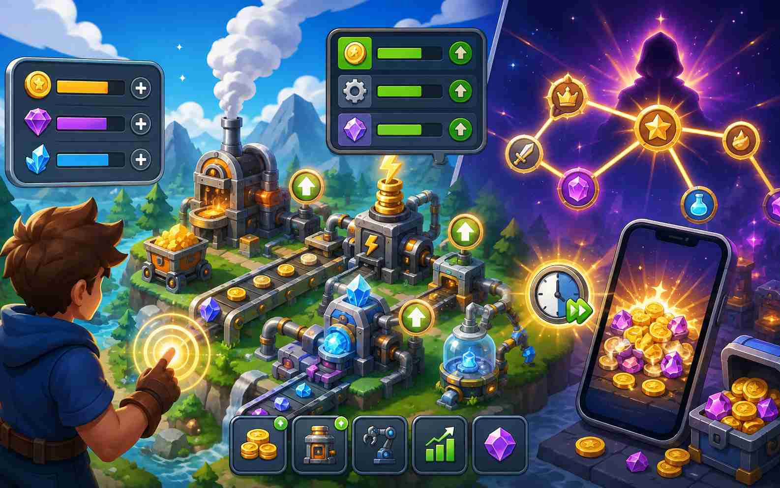 Idle game with resources, generators, upgrades, and automation