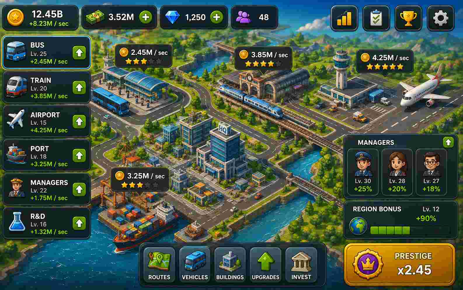 Create an idle tycoon game with AI