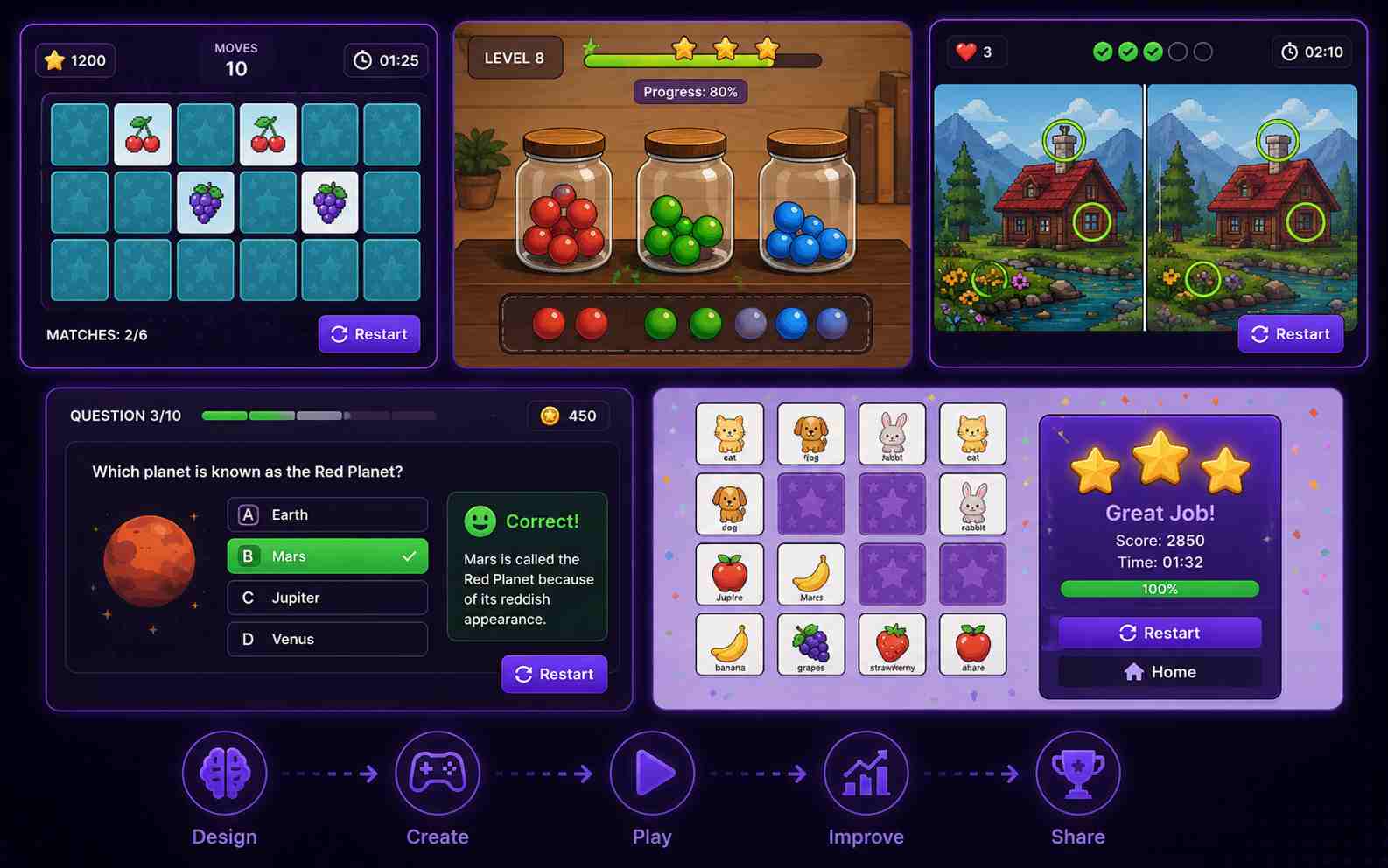 Create puzzle matching and quiz games without coding
