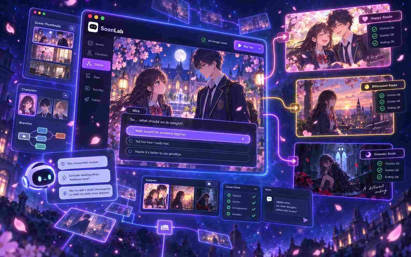 Playtest choices and endings in a visual novel