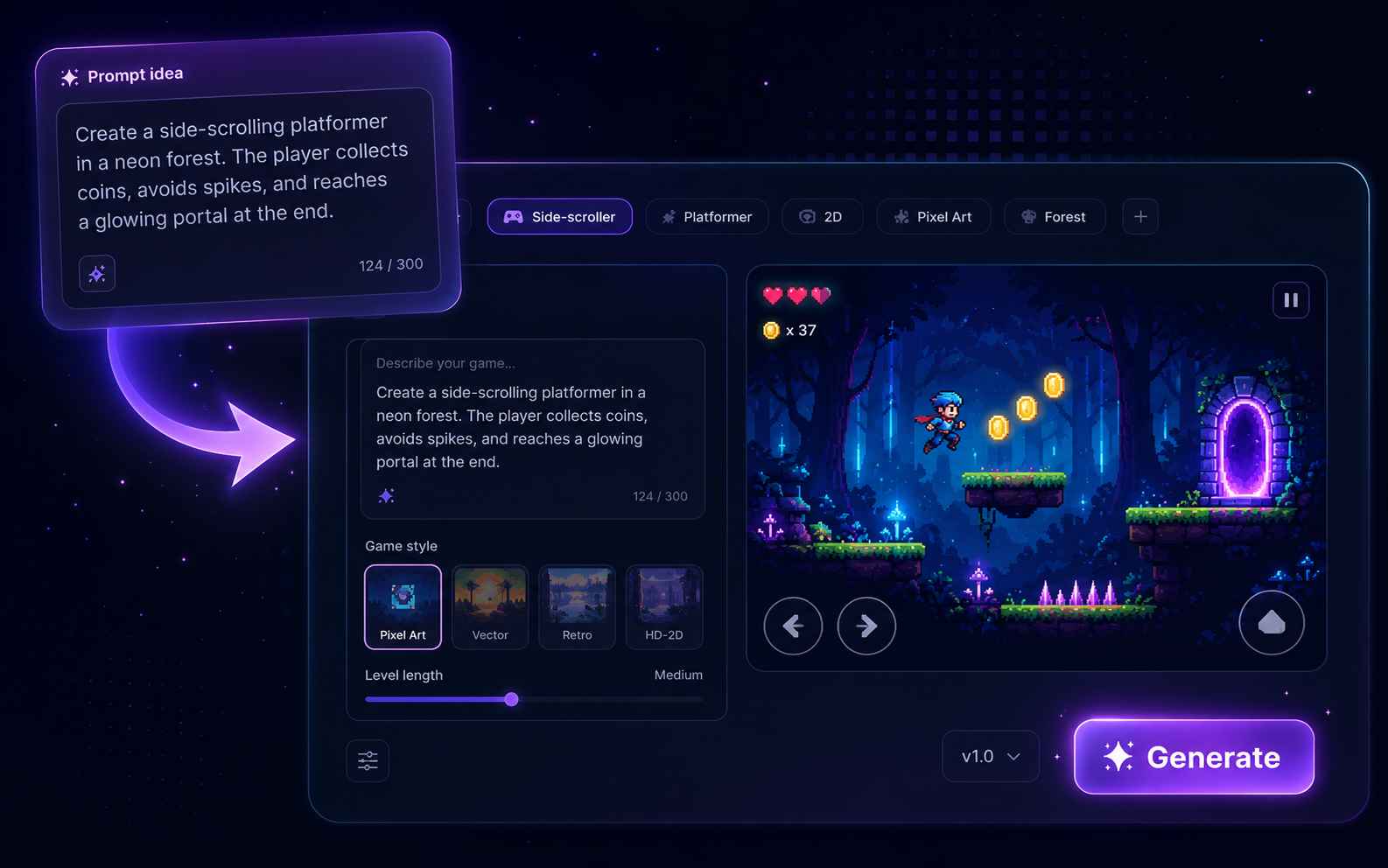 Turn a prompt into a playable platformer