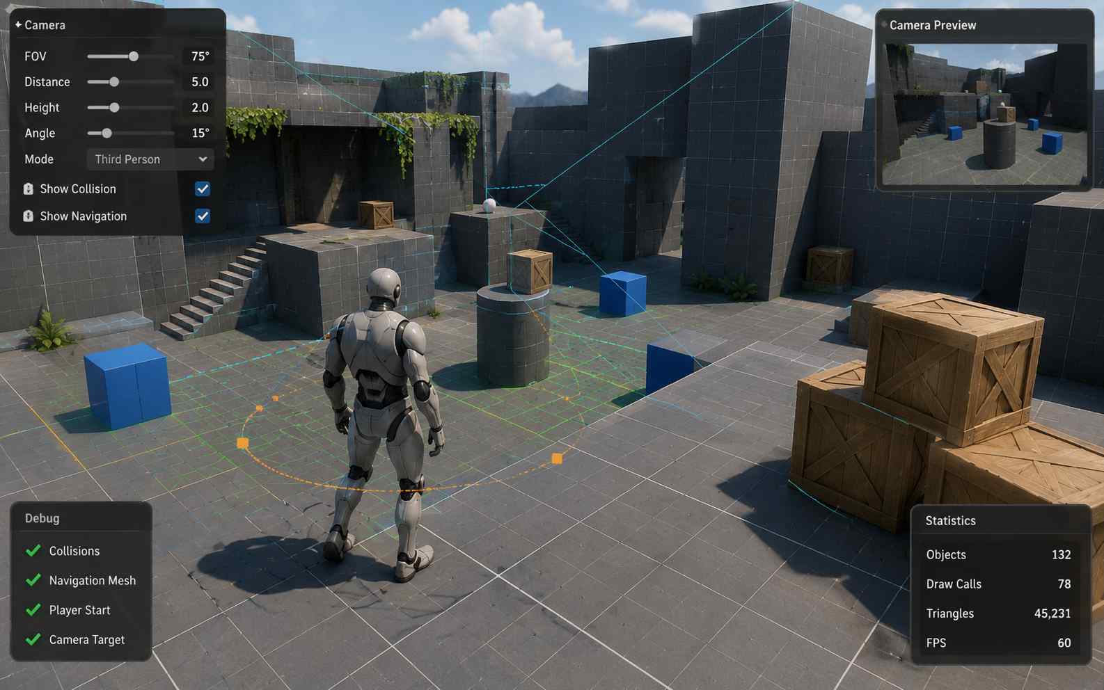 3D game prototype testing camera and level scale