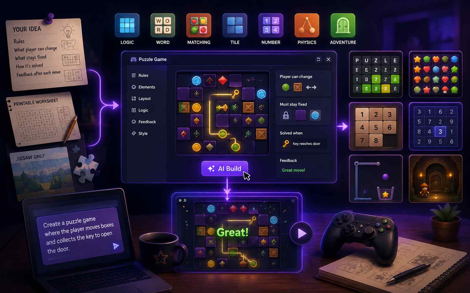 Create a playable puzzle with an AI puzzle game maker