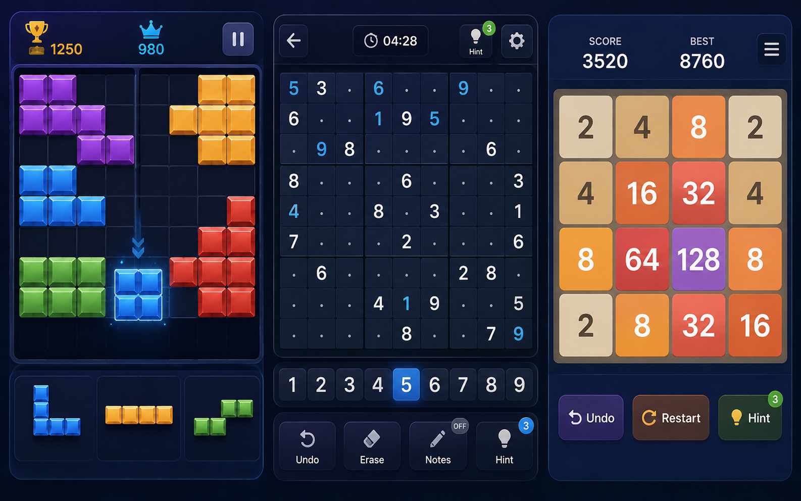 Create tile block and number puzzle games