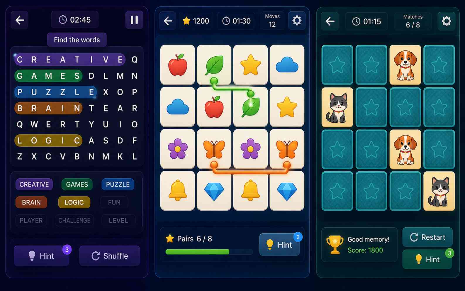 Create word matching and memory puzzle games