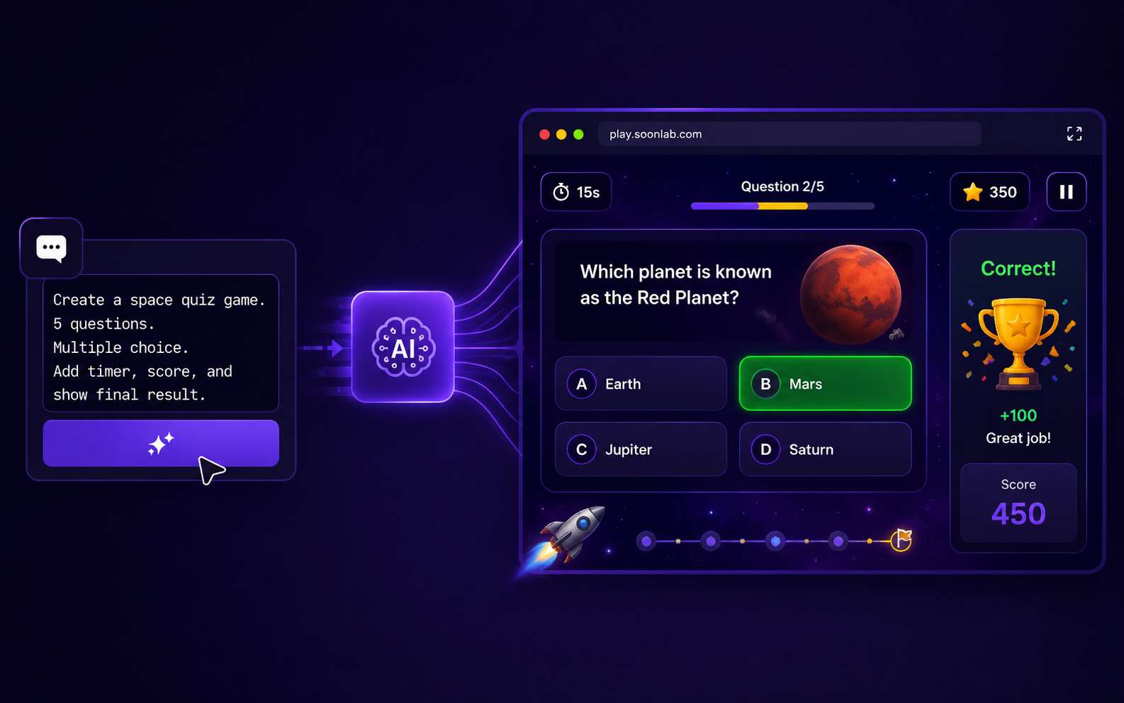 Create a playable quiz game from a text prompt