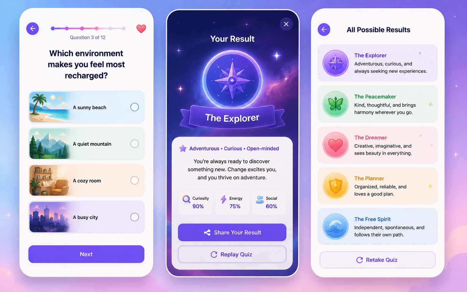 Create a personality quiz game with custom results
