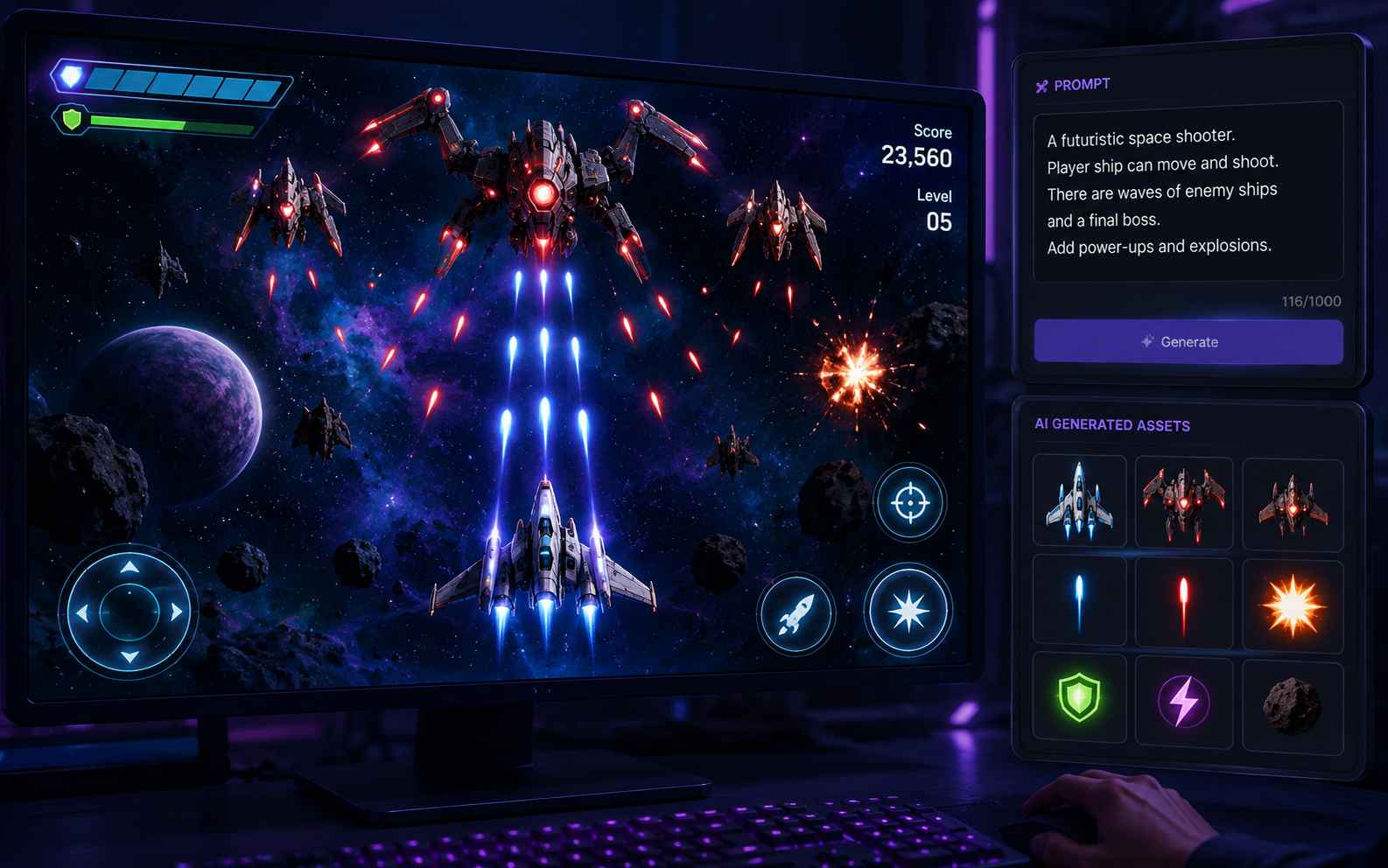Create a playable shooting game with an AI shooter game maker