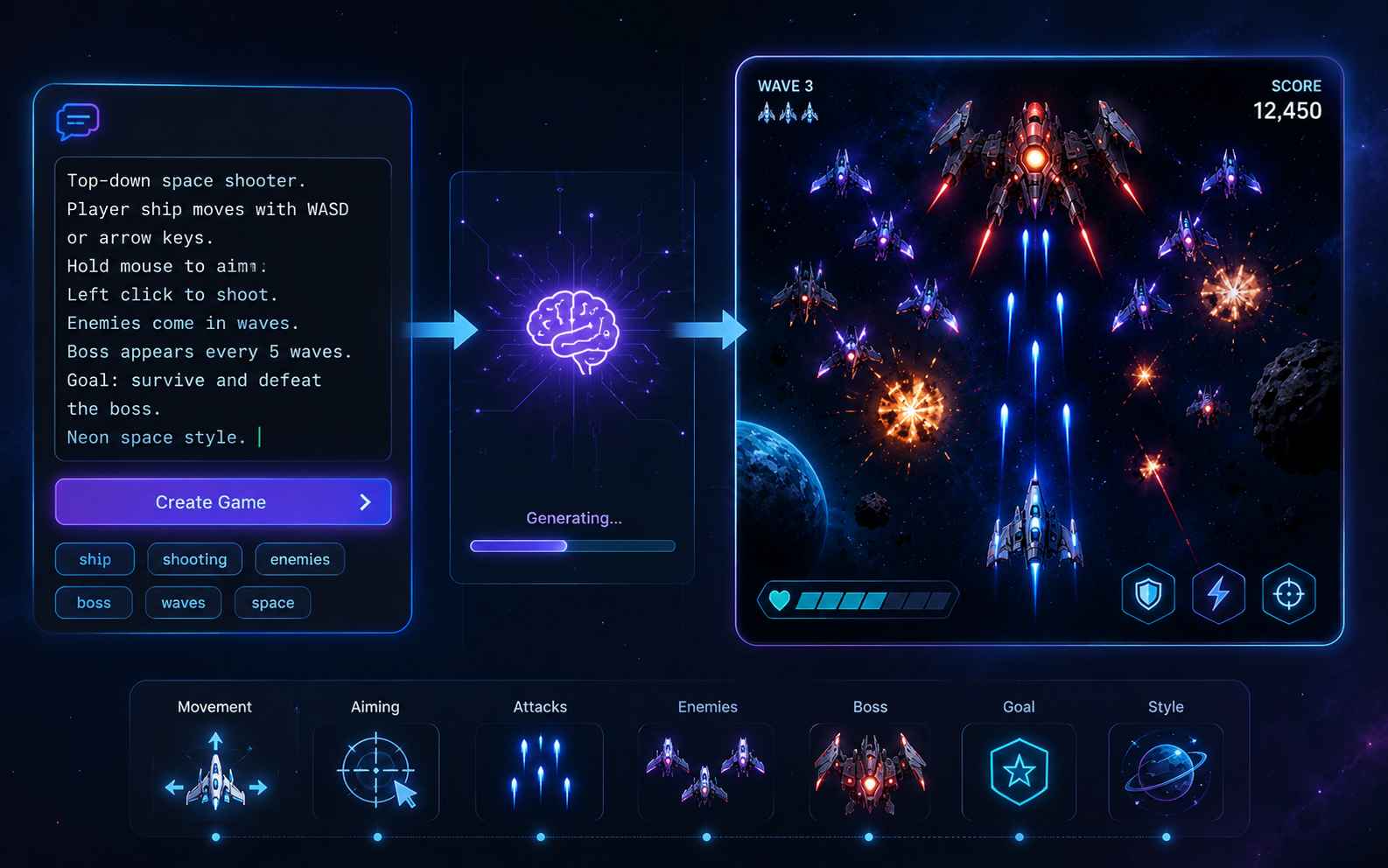Generate a playable shooter game from a text prompt