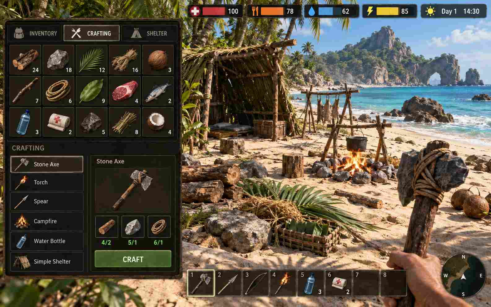 Resources crafting health and hunger in a survival game