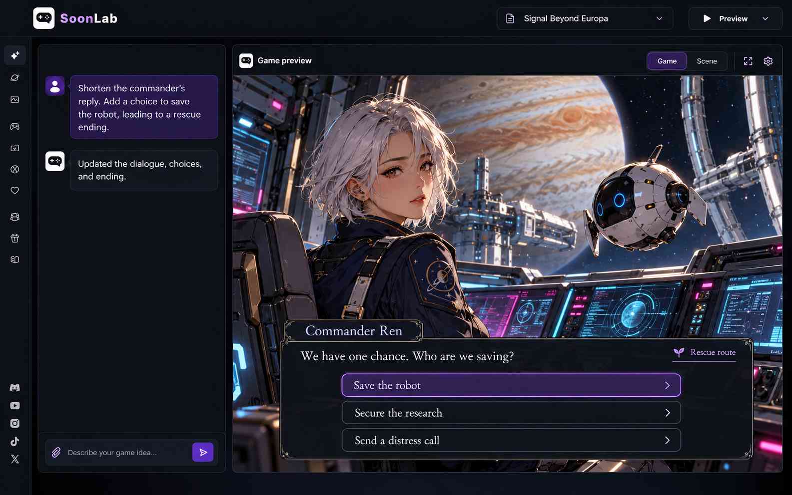 キャラクター、会話、選択肢のあるノベルゲームのシーン制作