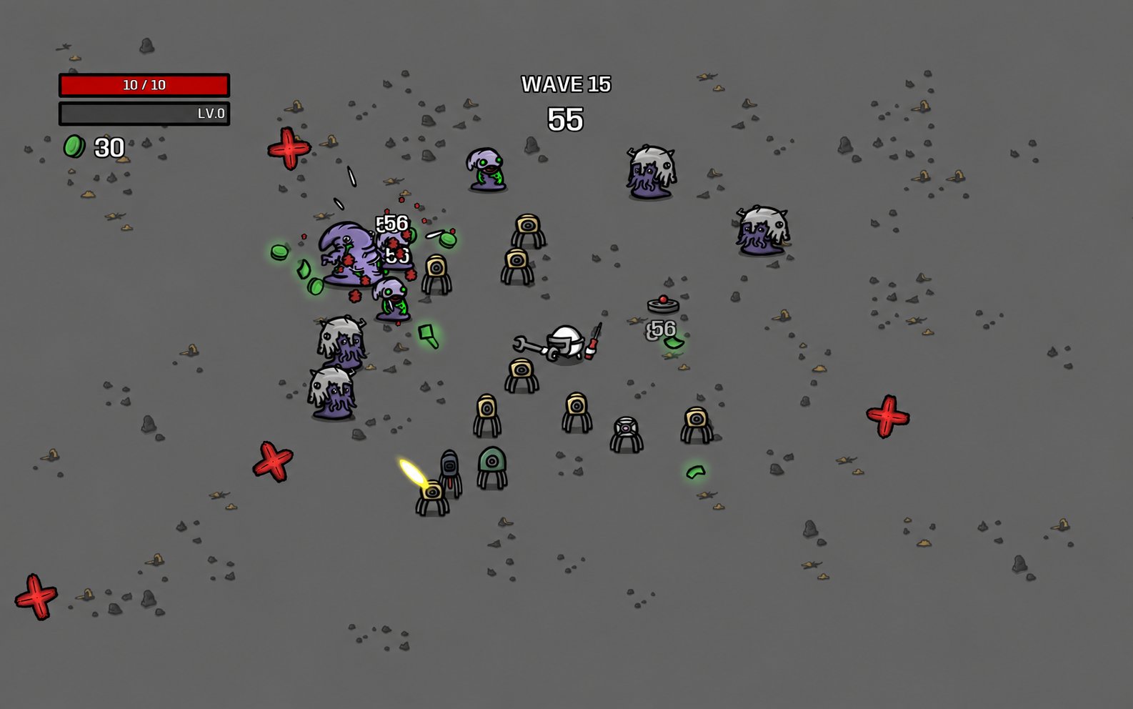 Brotato character using multiple weapons in a compact arena