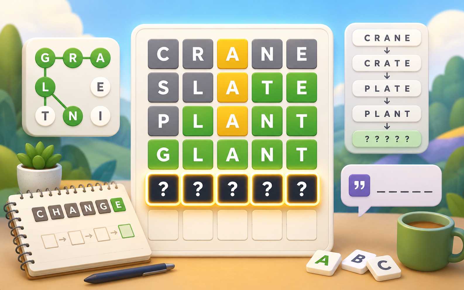 Hidden five-letter answer in a Wordle-like game